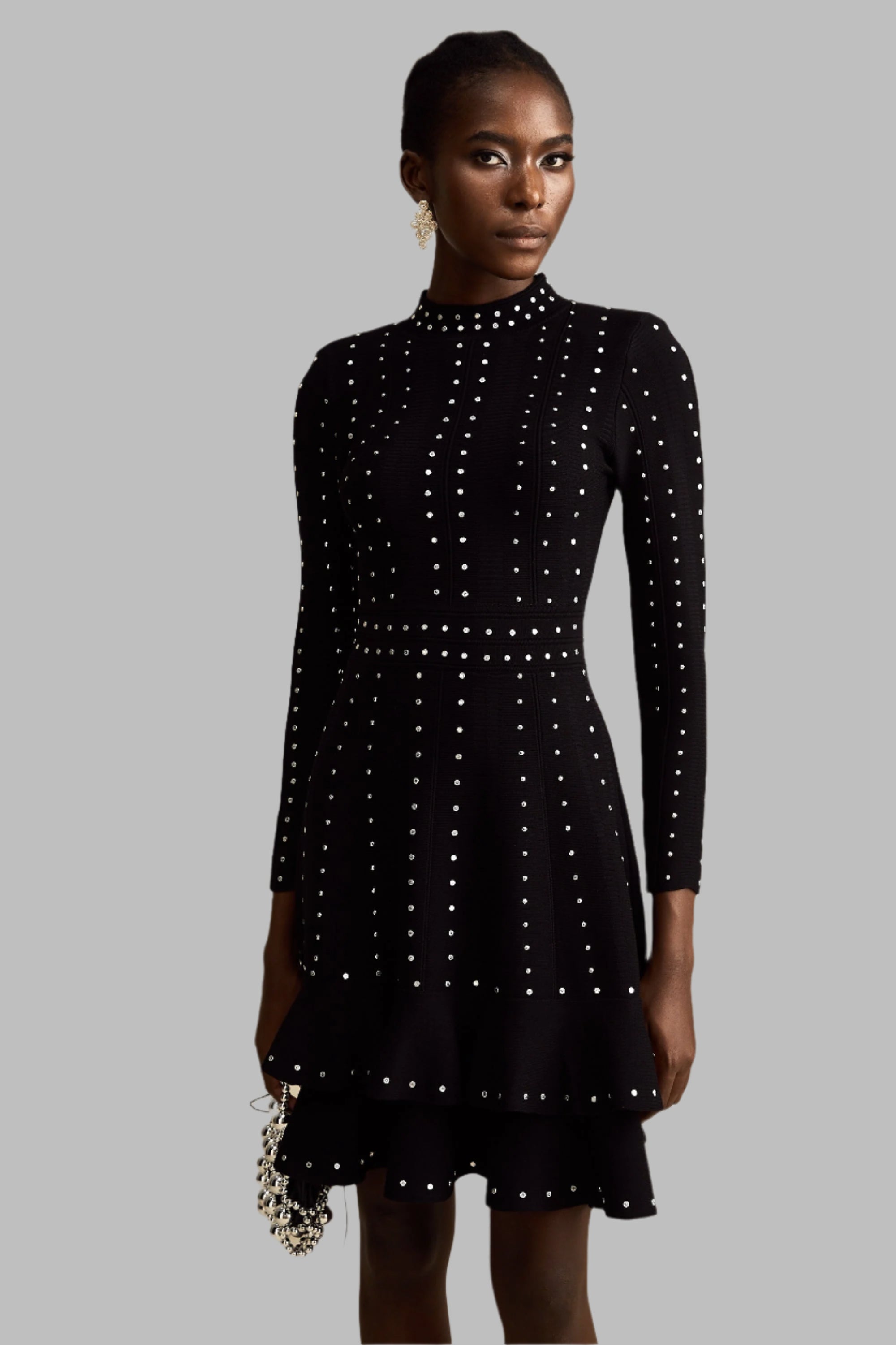 Fabienne -schwarzes, mit Kristallen verziertes, gerafftes Strick-Minikleid