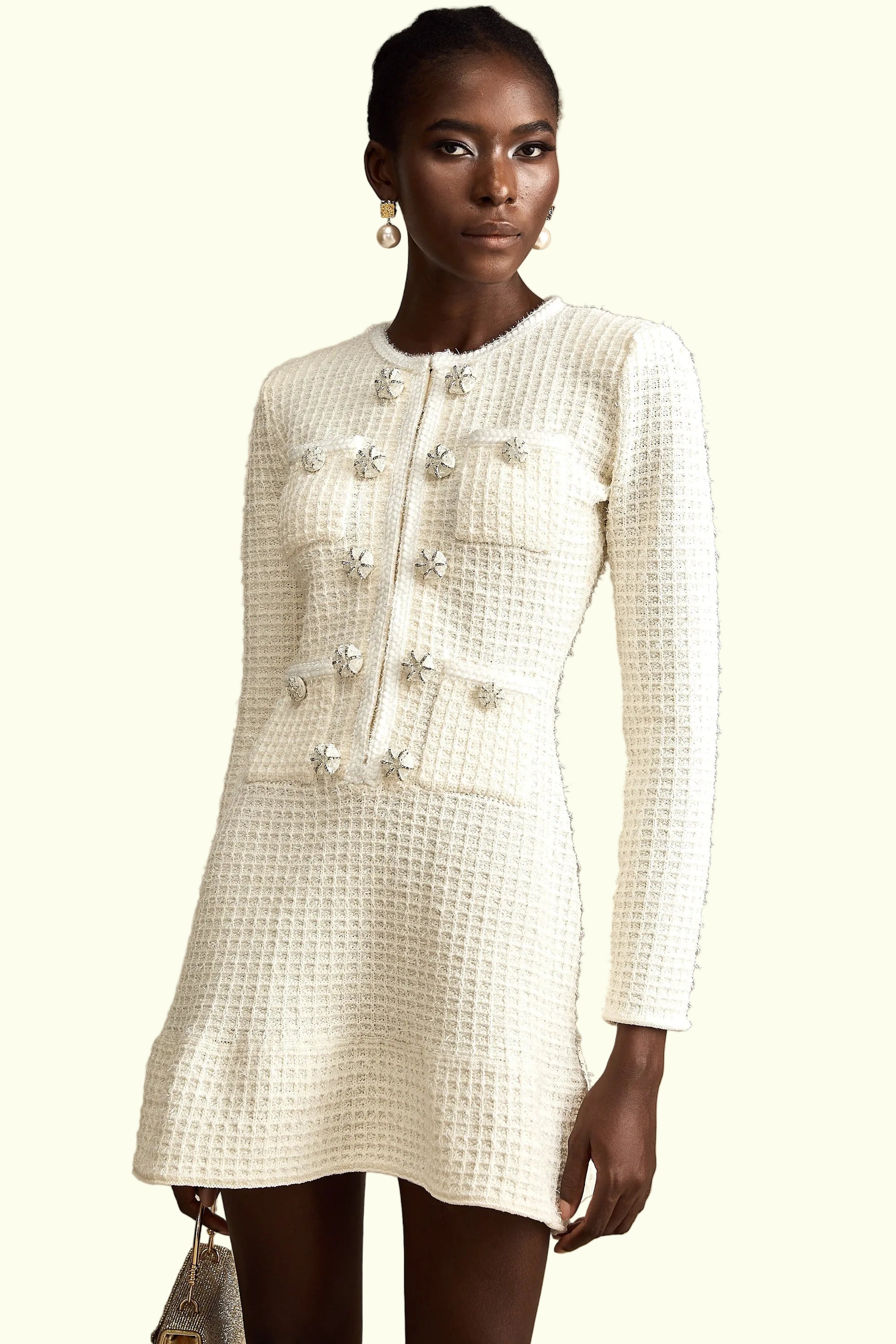 Liane weiße gestrickte ausgestellte Minikleid