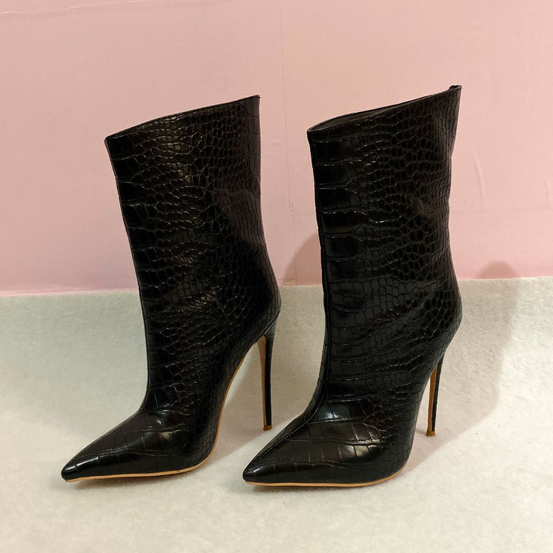 Schwarze Krokodilleder-Embossed Stiefeletten