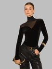 Chloe-Gesteppertelte Samtbluse mit transparenten Details