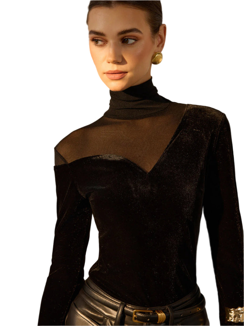 Chloe-Gesteppertelte Samtbluse mit transparenten Details