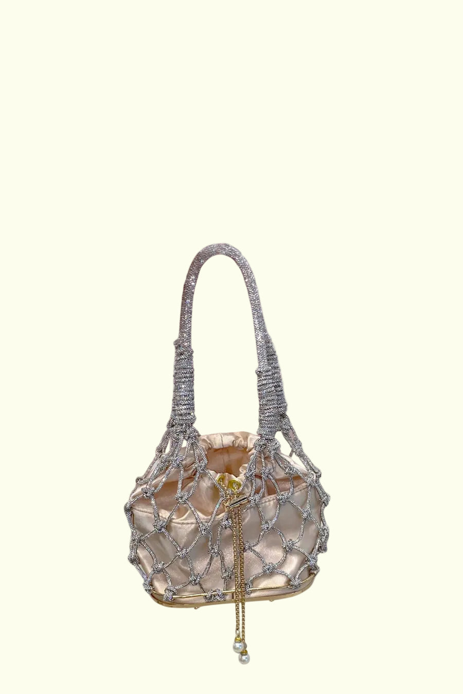 Ovale Netz-Handtasche mit beigem Satin-Zugbeutel - Silber