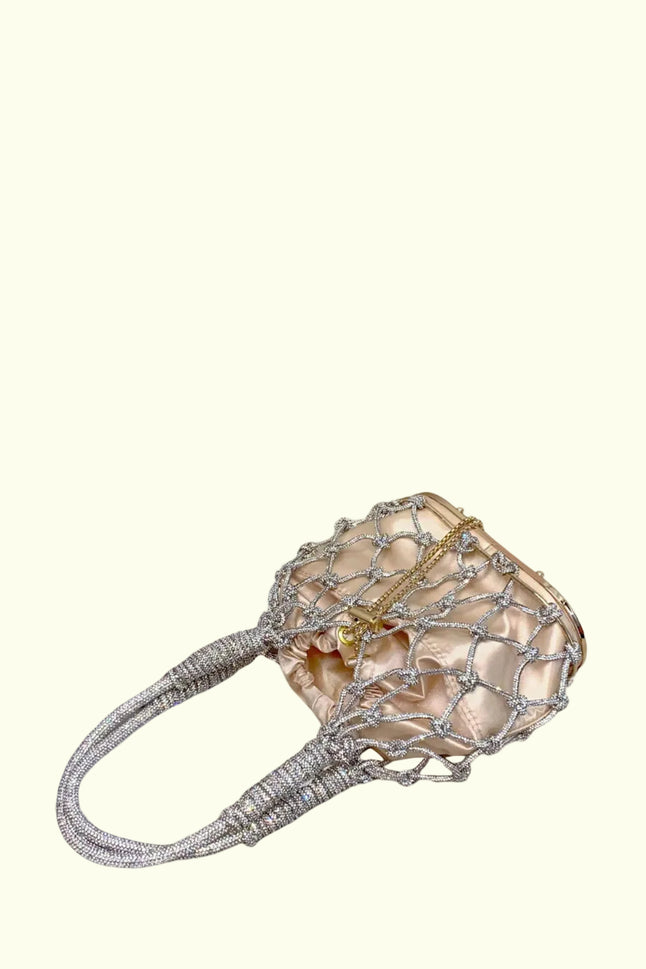 Ovale Netz-Handtasche mit beigem Satin-Zugbeutel - Silber