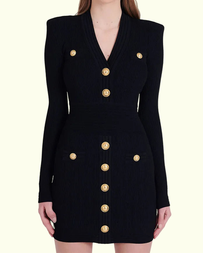 Schwarzes Langarm-Bandage-Kleid mit goldenen Knöpfen