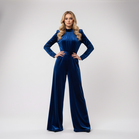 maak foto van blond model in een velours chique jumpsuit