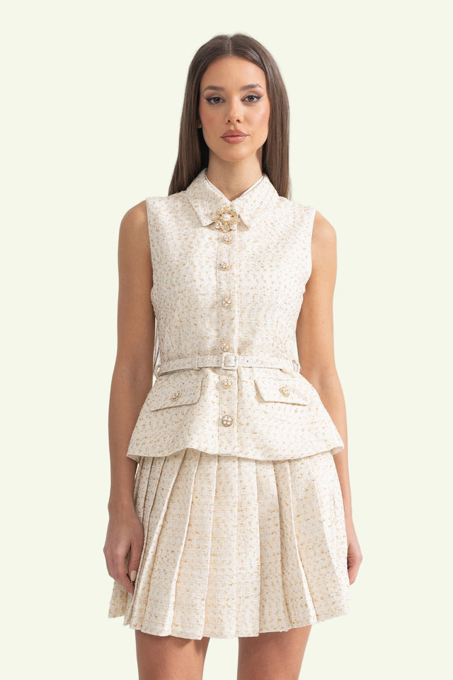 Lamya- Ärmelloses strukturiertes Minikleid mit plissiertem Rock und Taillengürtel - Elfenbein