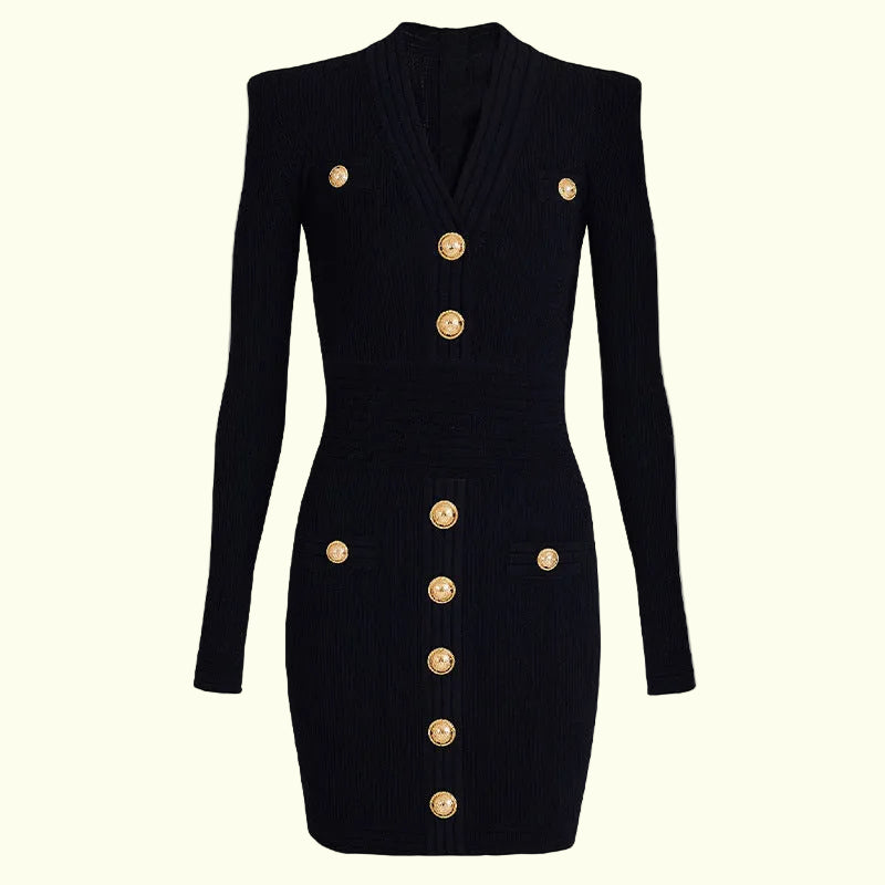 Schwarzes Langarm-Bandage-Kleid mit goldenen Knöpfen