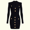 Schwarzes Langarm-Bandage-Kleid mit goldenen Knöpfen