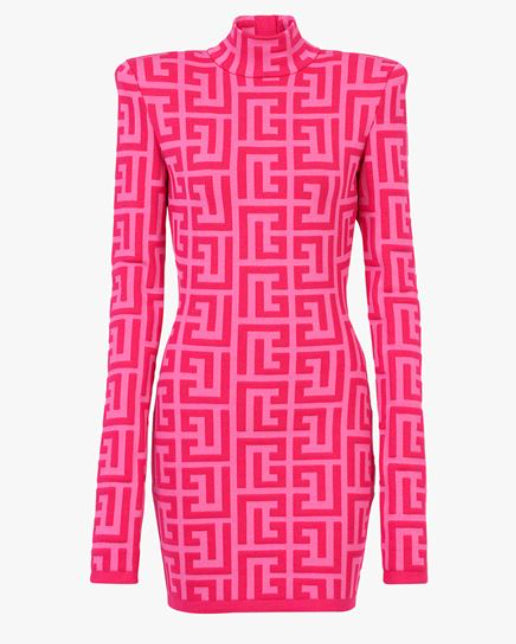 Rosa Jacquard Besticktes Hochkragen Enges Kleid