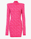 Rosa Jacquard Besticktes Hochkragen Enges Kleid