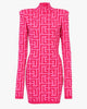 Rosa Jacquard Besticktes Hochkragen Enges Kleid
